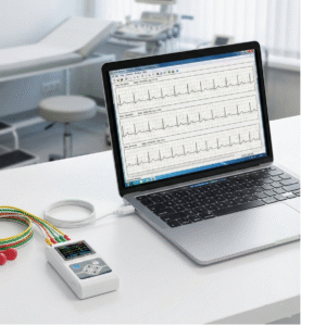 Holter de Arritmia 3 Canales Contec TLC9803 conectado a PC mostrando software de análisis ECG con trazados