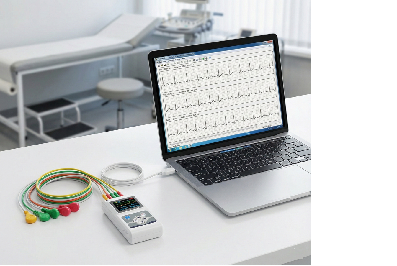 Holter de Arritmia 3 Canales Contec TLC9803 conectado a PC mostrando software de análisis ECG con trazados