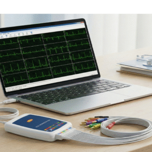Electrocardiógrafo PC USB Contec 8000G conectado a notebook con software de telemedicina