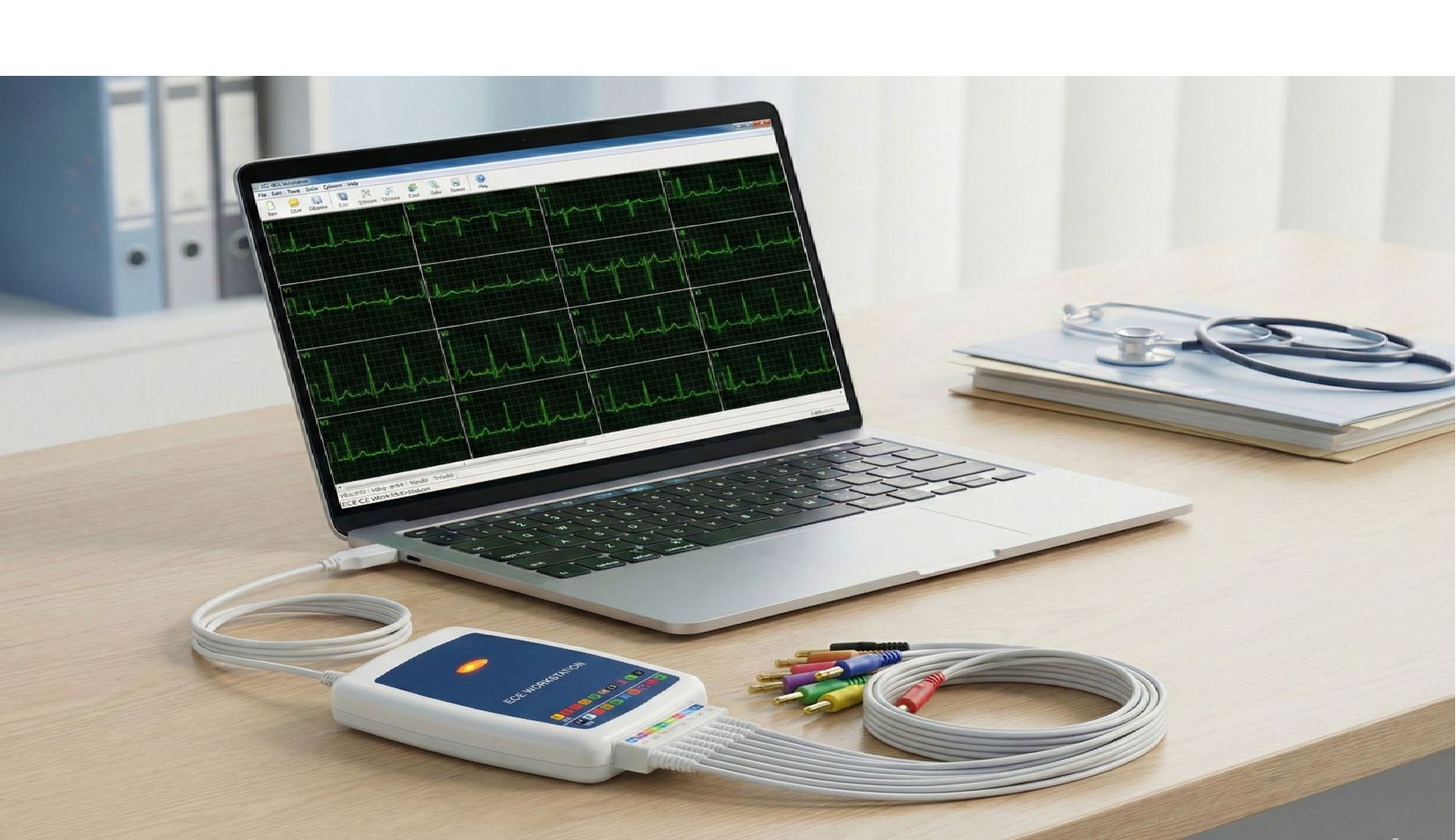 Electrocardiógrafo PC USB Contec 8000G conectado a notebook con software de telemedicina